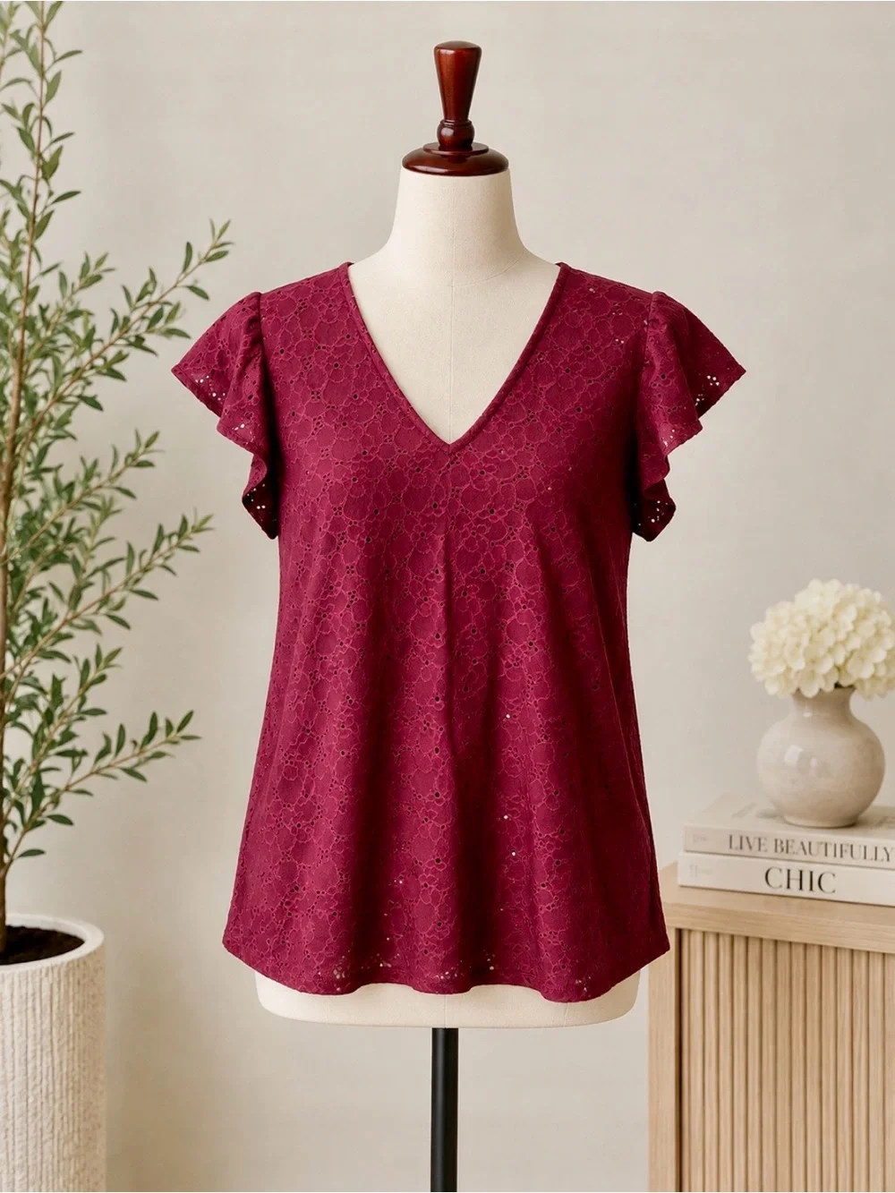 Michael Kors Wine Eyelet V-Neck Flutter Sleeve Top